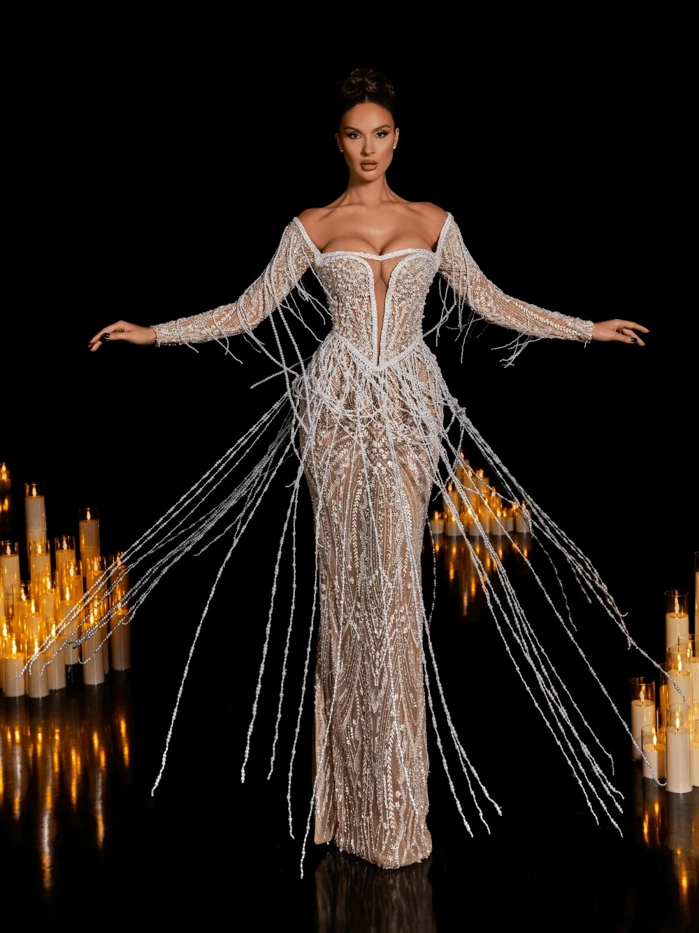 

Luxury Nude White Mermaid Evening Dress 2026 Heavy Beaded Fringe Long Sleeve Formal Sexy Deep V Neck Prom Gown Customized