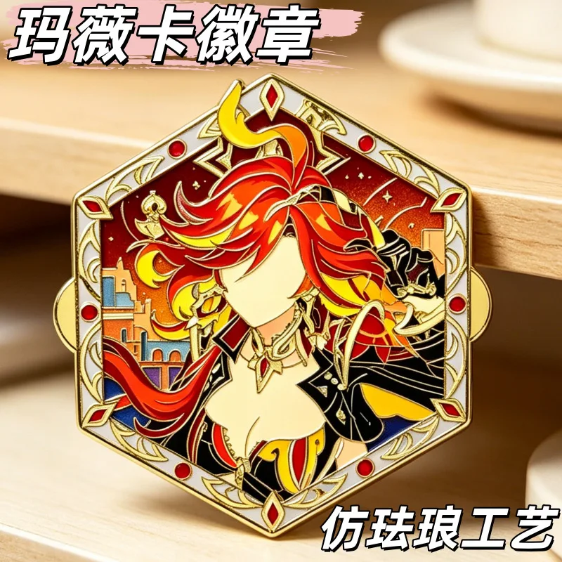 Genshin Impact Mavuika Pyro Archon Hexagon Enamel Pin Badge Fan Made Anime Game Brooch Bag Charm Gift