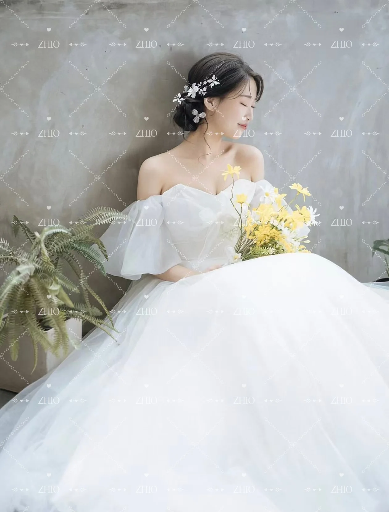 ZHIO Fairy White Tulle Wedding Party Dress Sweetheart Off Shoulder Bow A-Line Korea Photo Shoot Bridal Reception Gown Customized