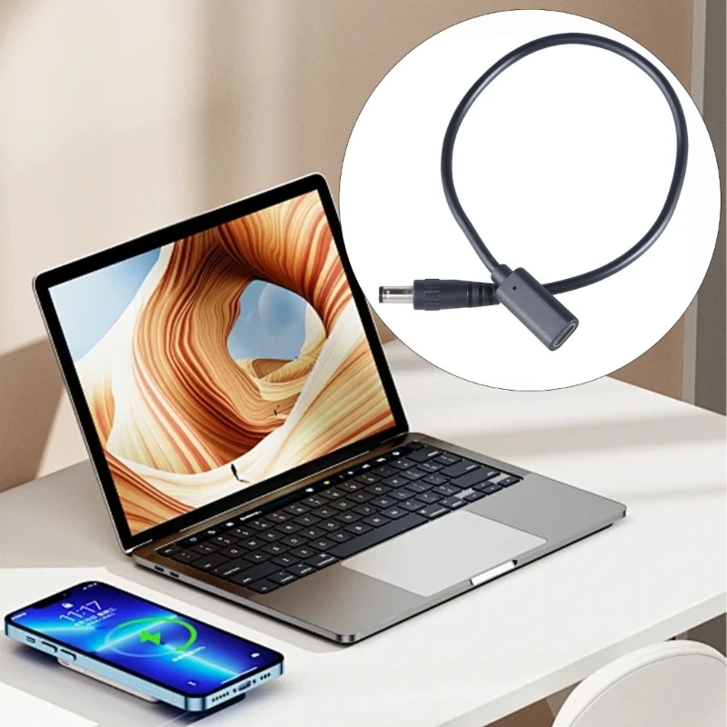 090F Loại C đến DC5525 Dây nguồn USB C nữ đến 5,5mmx2,5mm dây cáp bộ chuyển đổi nam