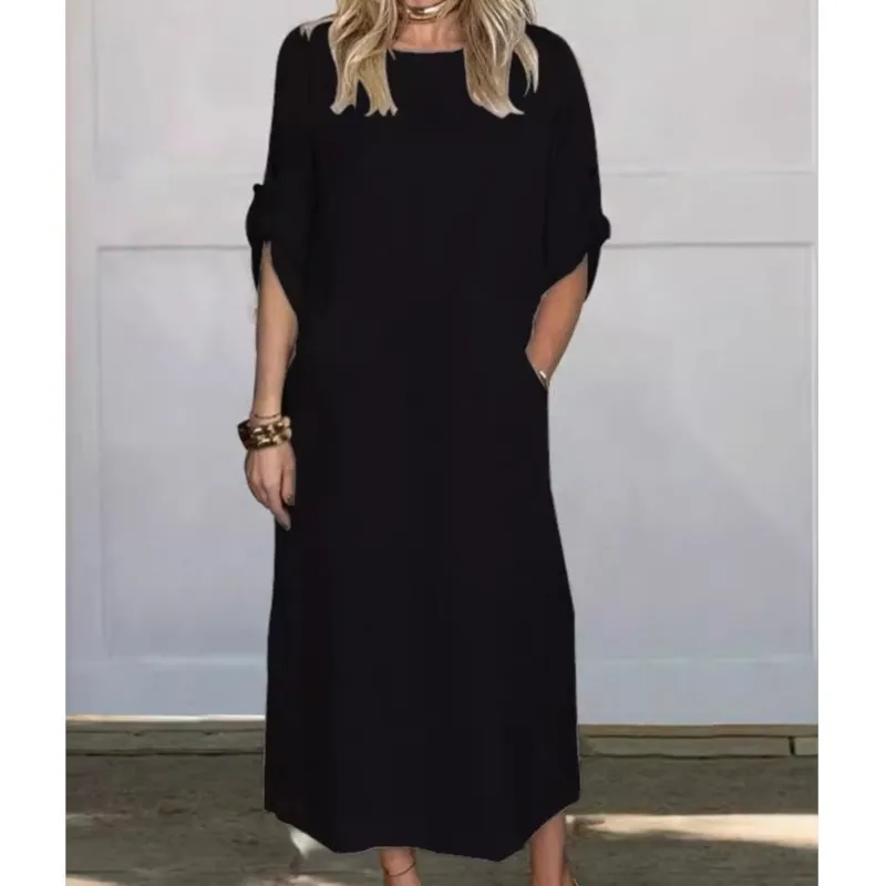 2025, novedad de verano, vestidos de algodón para mujer, moda sólida, suelto, manga corta, cuello de jardín, bolsillo, vestidos blancos de longitud media, bata elegante