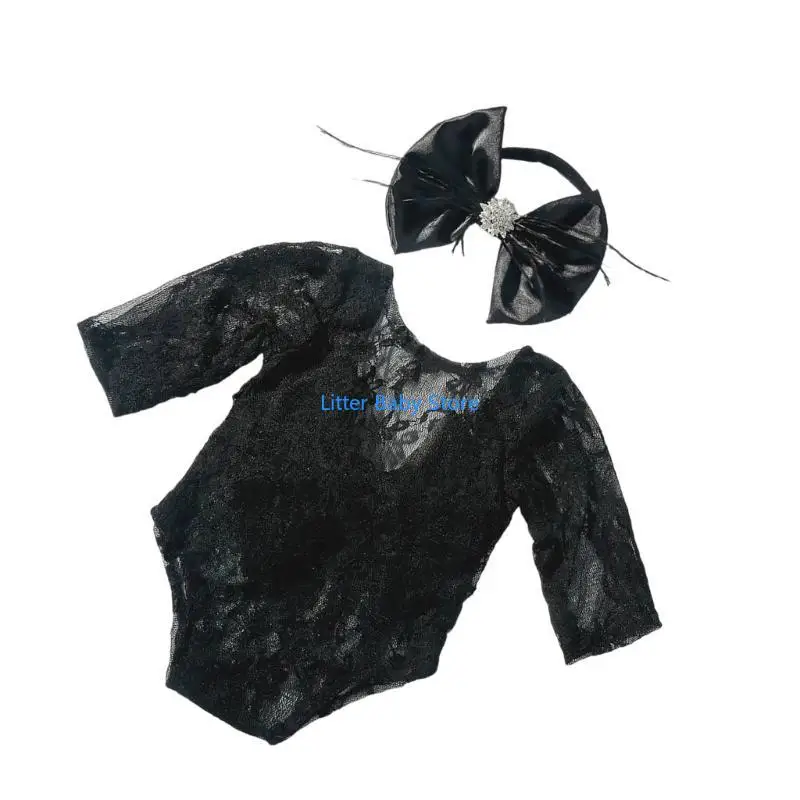 مجموعة رومبير دانتيل N80C رومبير دانتيل رقيق مع عصابة رأس للتصوير الفوتوغرافي لحديثي الولادة تتضمن عصابة رأس للأطفال من عمر 0 6