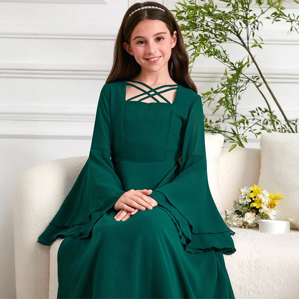 

Fashion Muslim Kids Girls Flare Sleeve Maxi Dress Robe Ramadan Eid Djellaba Islamic Children Clothing Arabic Abaya Turkey Kaftan
