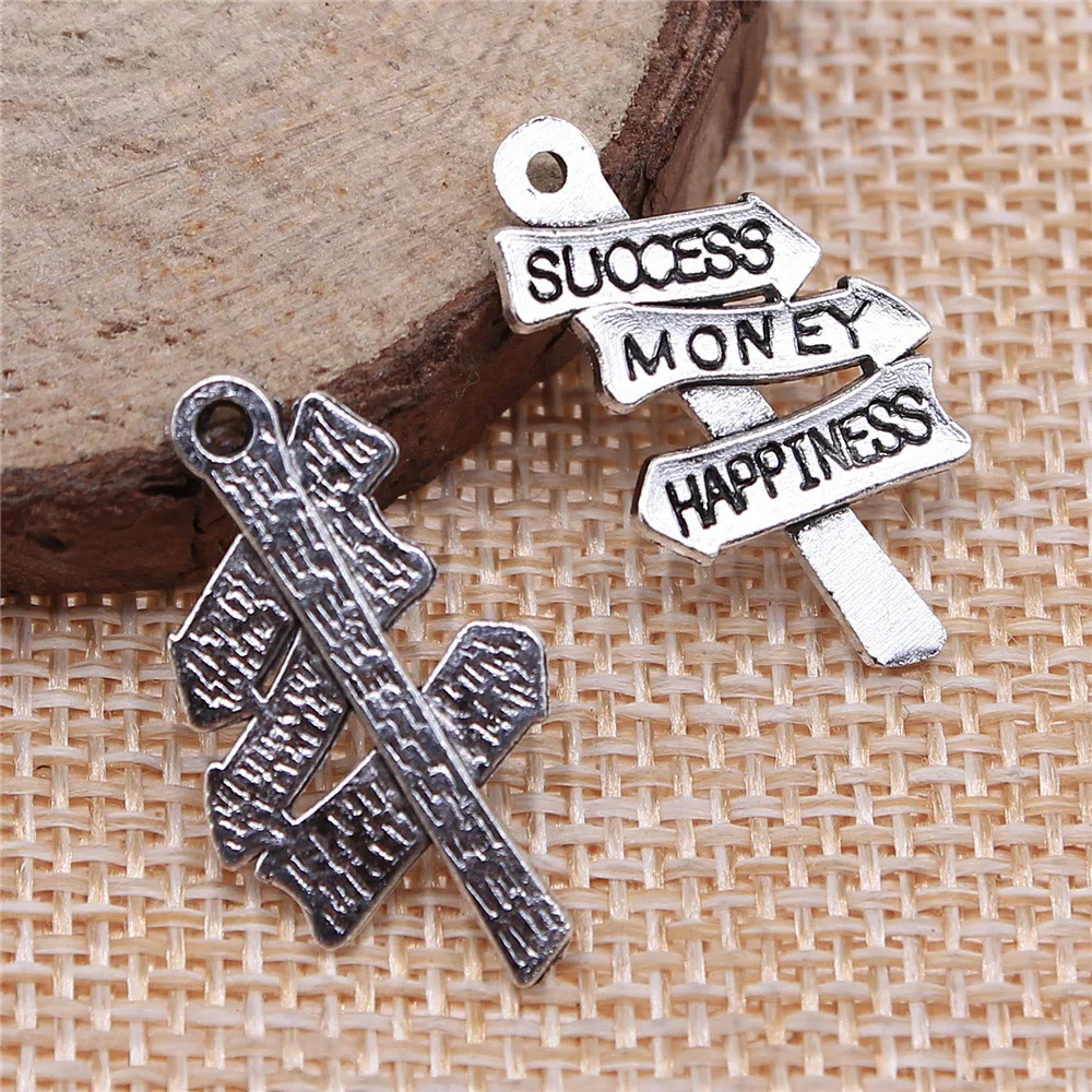 10Pcs/Lot Charms Signpost Success Money Happiness 25x16mm Antique Silver Color Pendants Making DIY Handmade TibetanJewelry