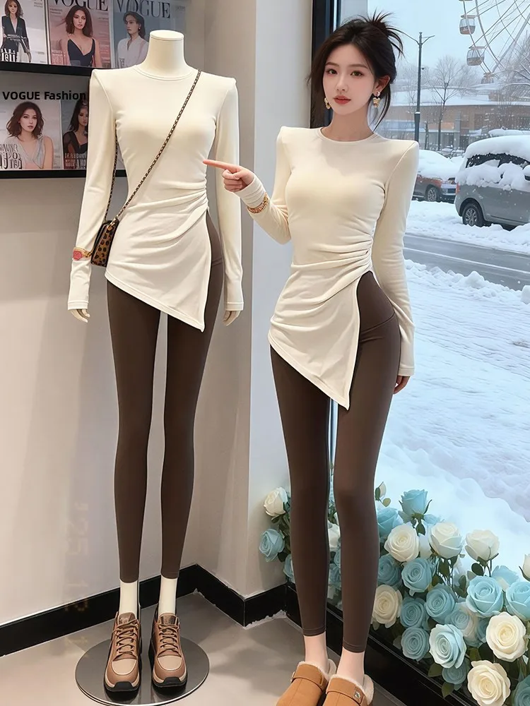 

Slim Fit Long Sve T-irt Women's Spring New Sle Asymmetrical Hem Base irt Breathable Moisture ng Ci Walk Top