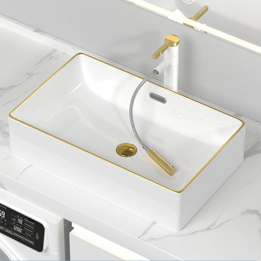 Hotel Bathroom Wash Basin Home High-temperature Ceramic Tabletop Basin Wash Basin Household Balcony Light Luxury Gold Edge Basin