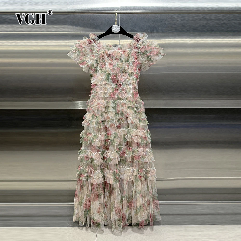 

VGH Hit Color Printing Patchwork Tierred Ruffles Dresses For Women Slash Neck Short Sleeve High Waist Spliced Mesh Dress Female