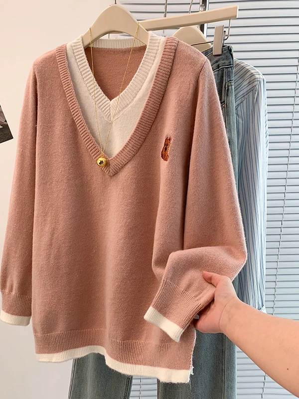 

Повседневный свитер с v-образным вырезом Jaet, осенне-зимний многослойный цветной блузка для похудения, повседневный универсальный женский длинный вязаный топ све