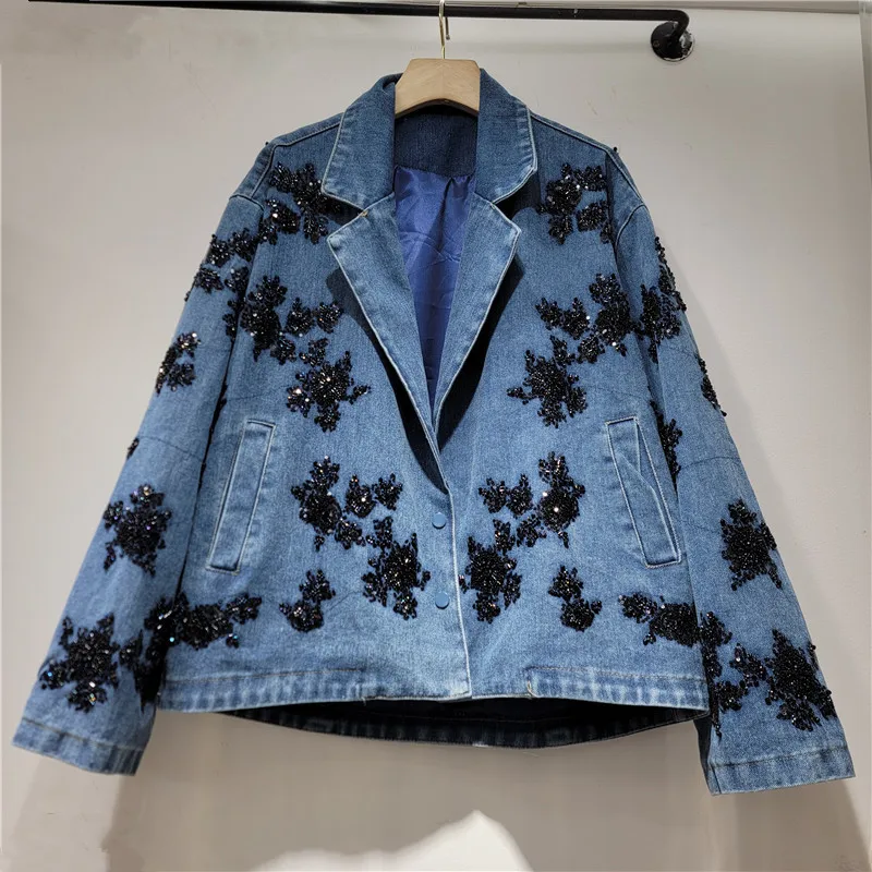 SuperAen 2026 Autumn New Design Embroidered Bead-Decorated Flower Pattern Coats Loose Turn-down Collar Long Sleeve Denim Coats