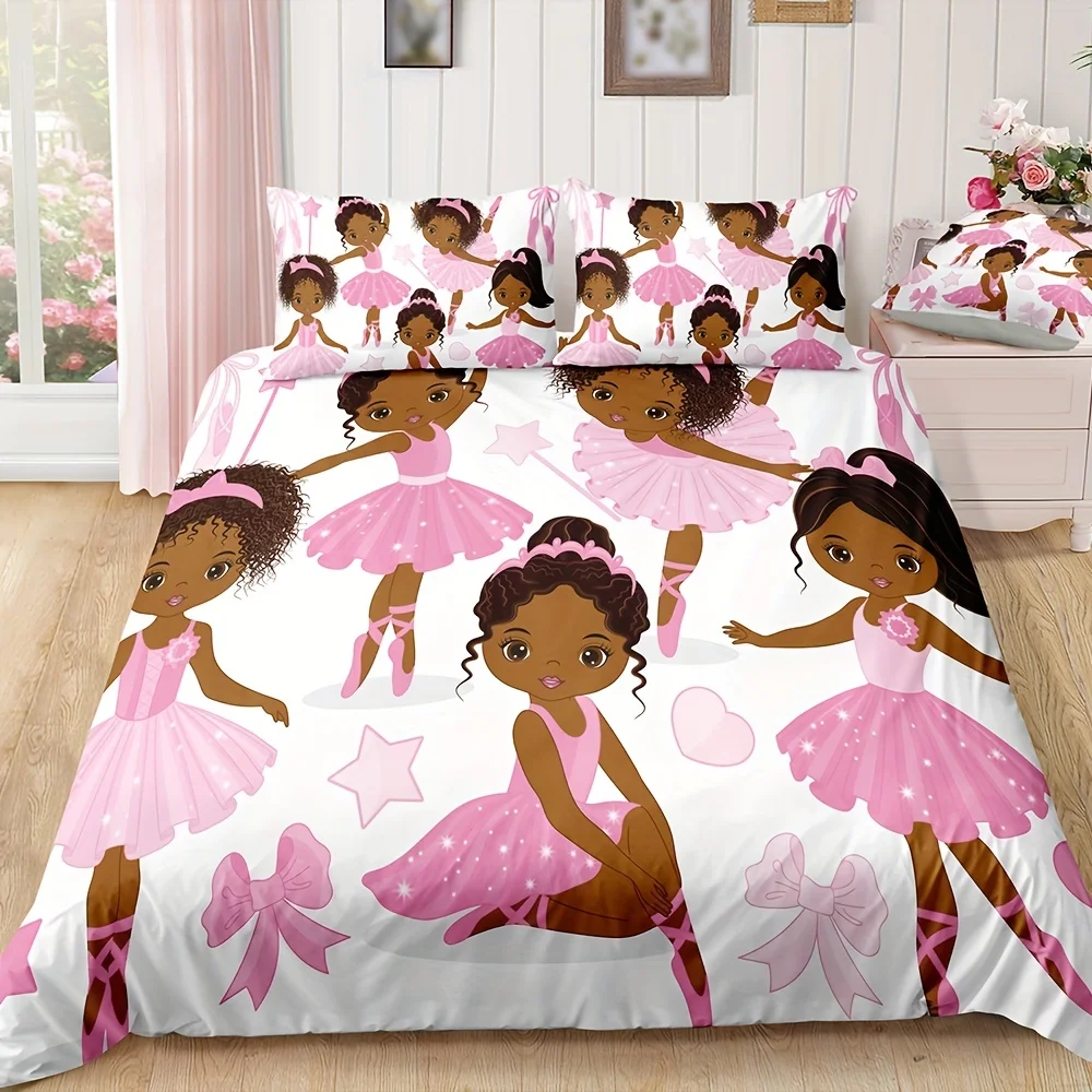 3pcs Vibrant Pink African American Ballerina Duvet Cover Set - Soft, Breathable, and Durable Bedding for Bedroom and Dorm Room