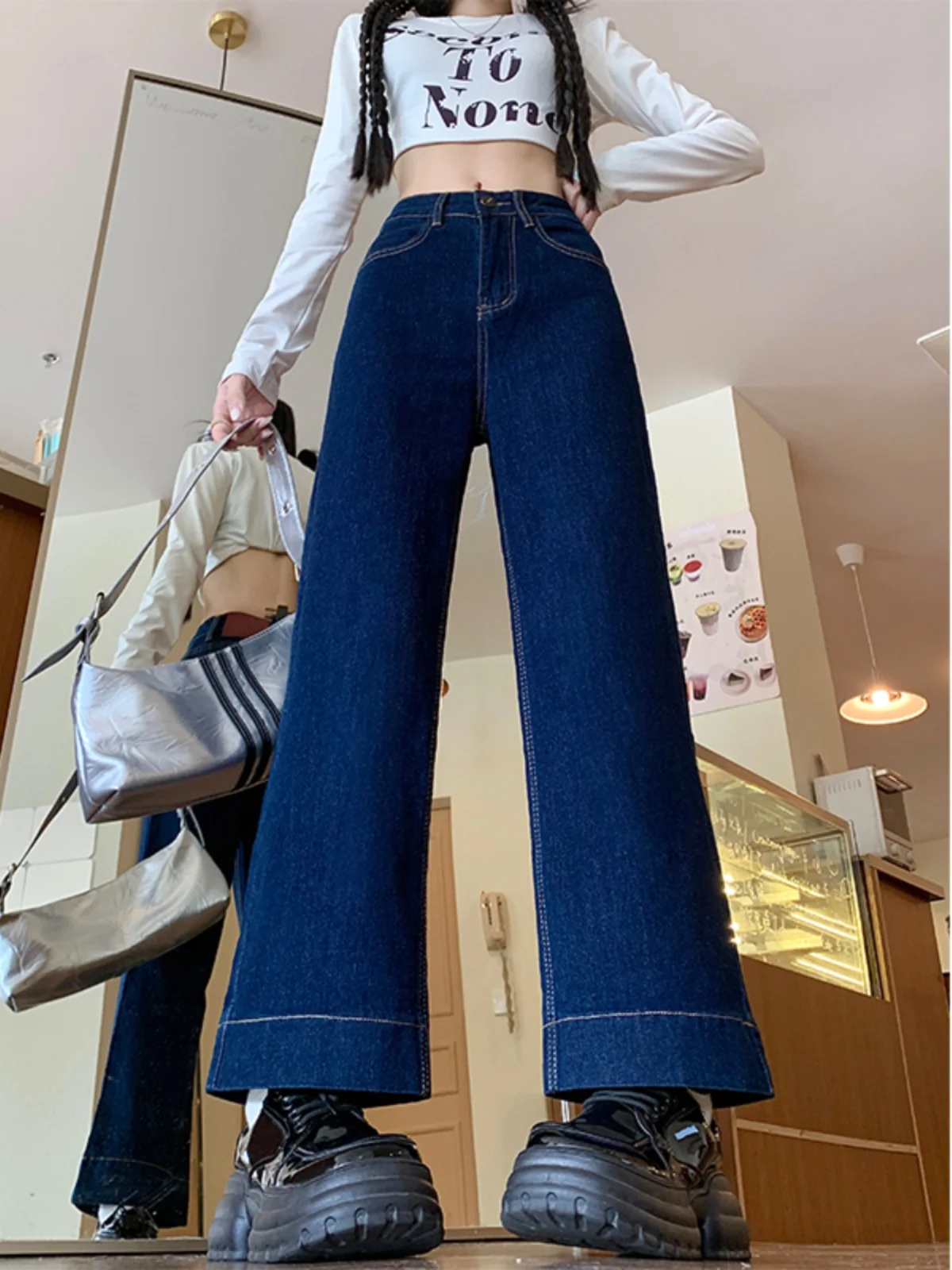 

Прямые джинсовые джинсы с высокой талией, женские большие размеры, скрывающие мясо, груша, ape, утягивающие брюки с девятью точками, осенние новые брюки