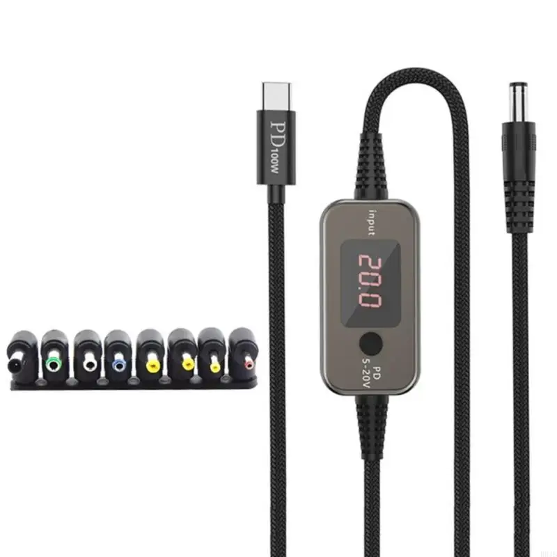 

R9JB PD100W Type C To DC5.5x2.1mm Power Cable 8 Connectors Tips Adjustable Output