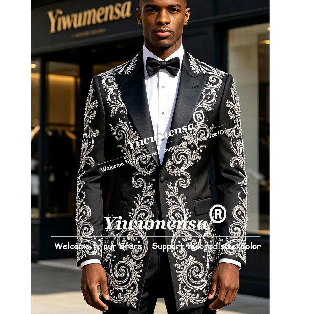 Luxury Groom Wedding Suits For Man Brilliant Crystals Jewelry Stones Prom Blazer Long Customized Male Chic Dinner Party Clothing