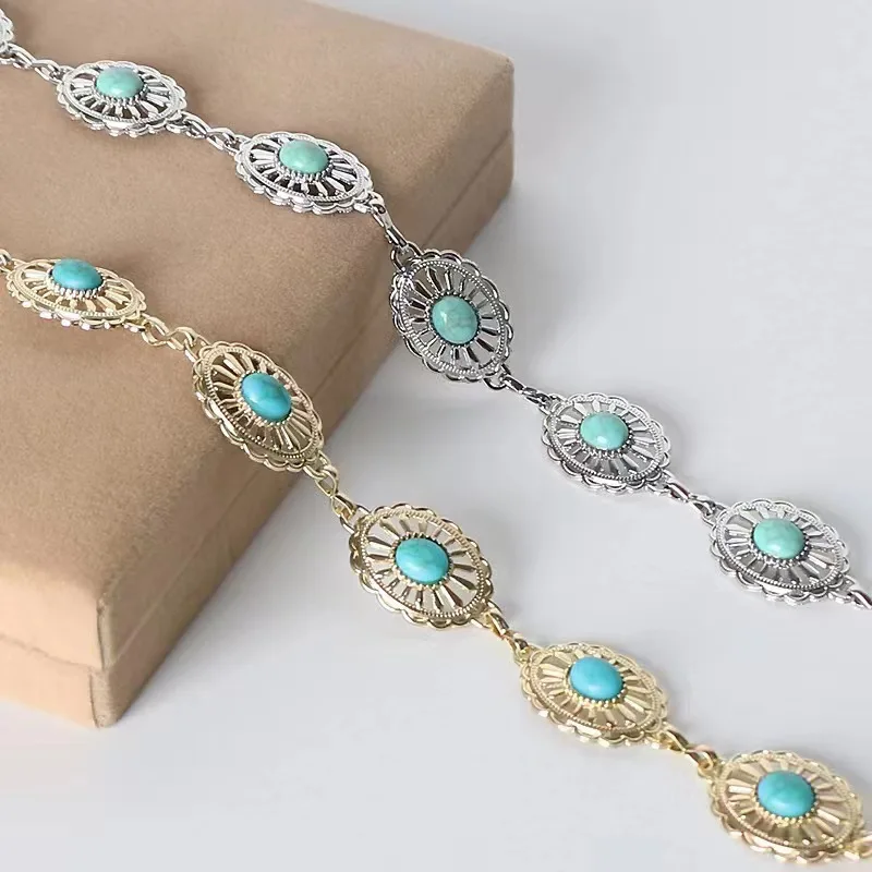 Silvery Turquoise Metal Waist Chain Boho Carved Hollow Out Belly Chain Vintage Summer Beach Chain Dress Girdle For Women