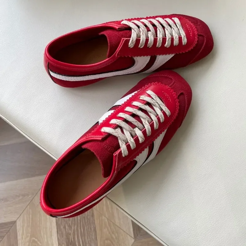 Vierkante Veters Leren Sneakers Sportschoenen Casual Platte Damesschoenen