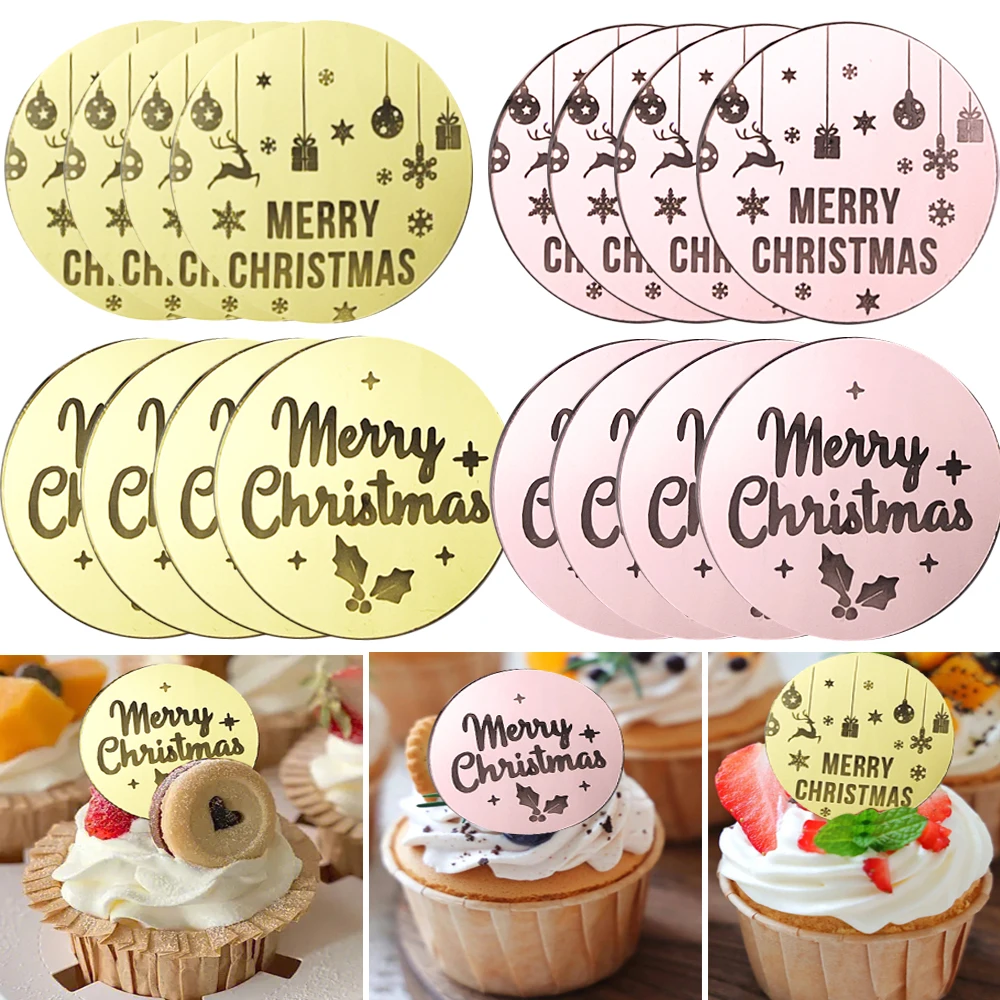 Merry Christmas Cake Topper Acrylic Round Toppers Gold Silver Rose Gold Cake Decor Snowflake Christmas Decorations 2023