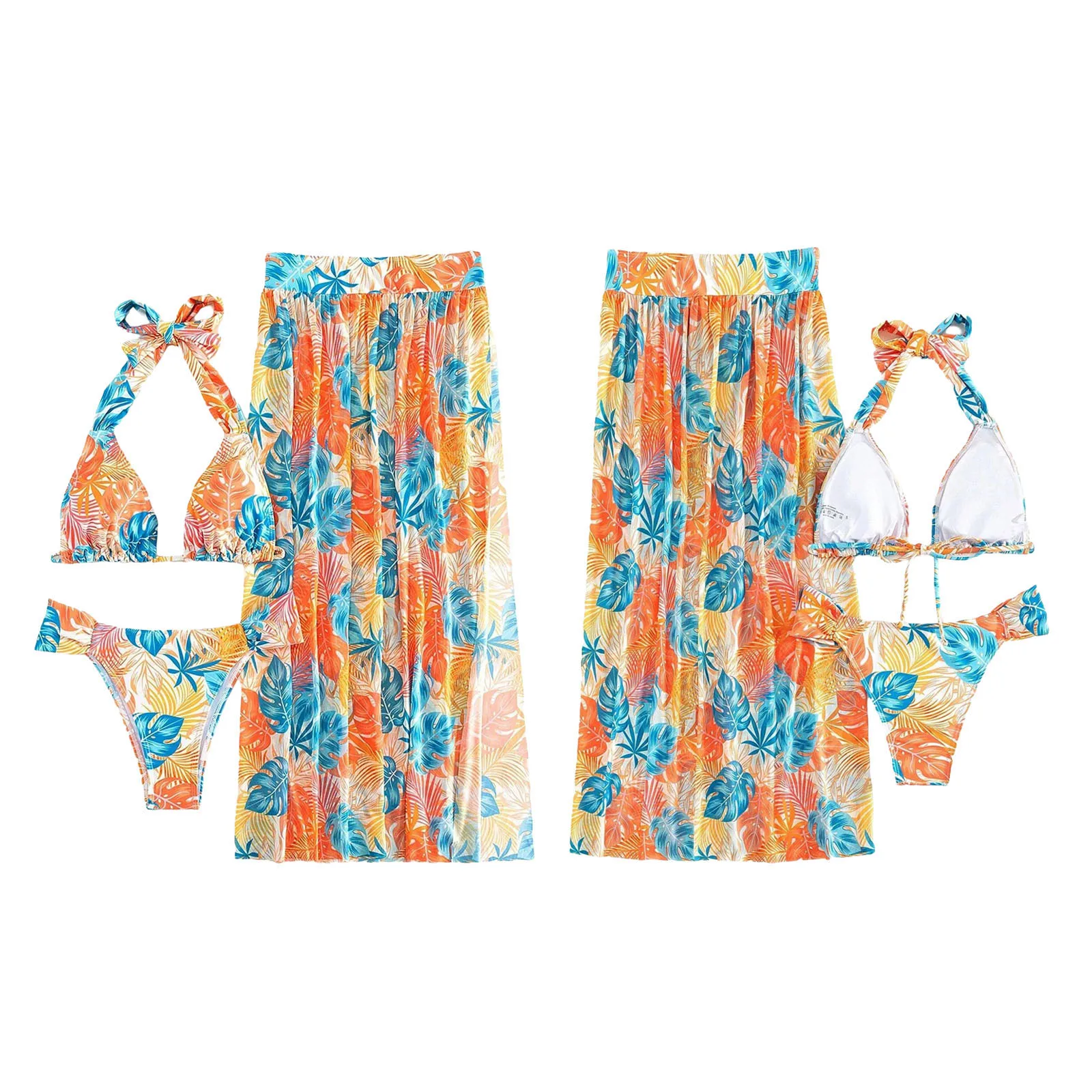 3-teiliges Badeanzug-Set für Damen, Sommer, Damen, Blattmuster, zum Binden, Neckholder, Badeanzug, Tops, Shorts, geteilter Strand-Cover-Up-Rock