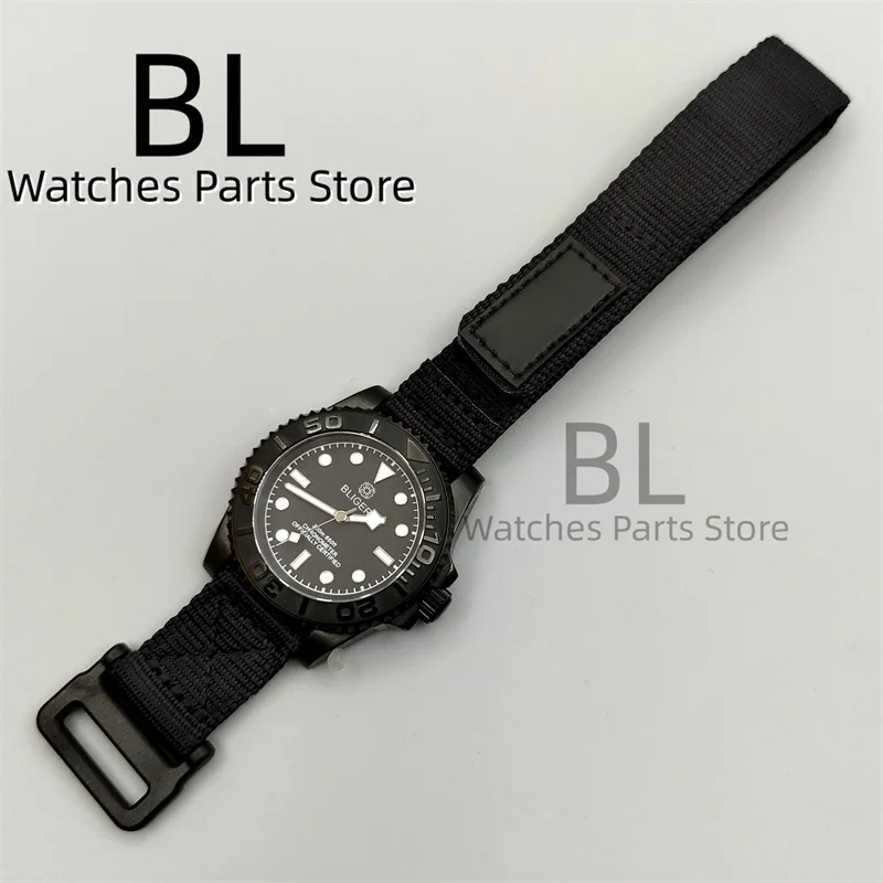 BLIGER 40mm Diving Watch For Man NH35 Automatic Full Black Matte Bezel With Sapphire Glass Black Dial Luminous Nylon VelcroStrap