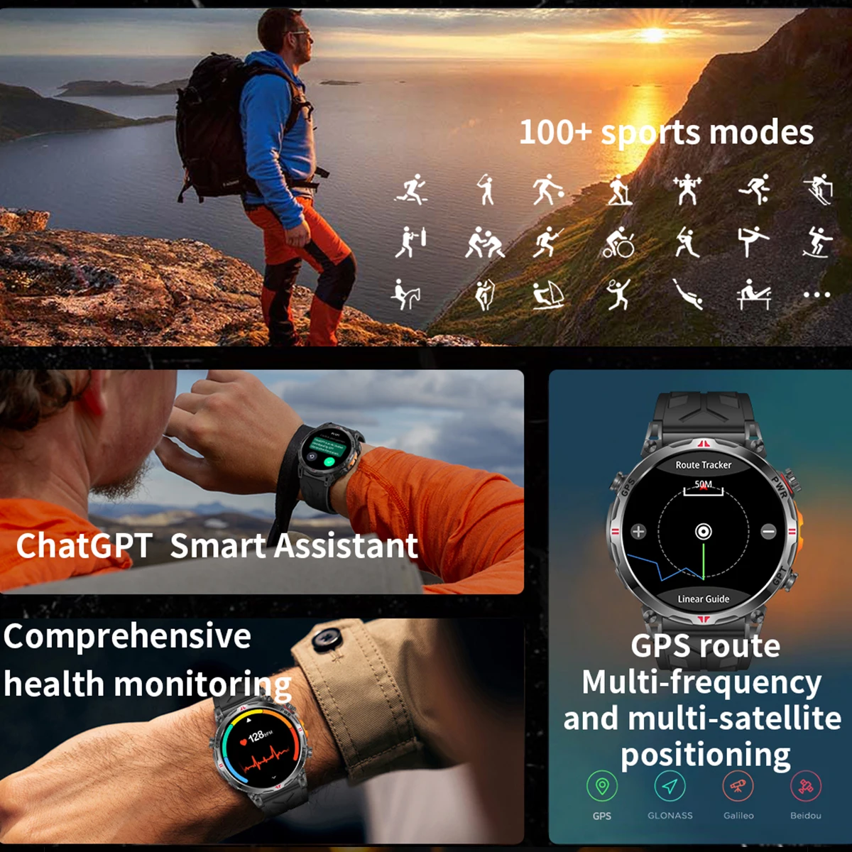 VWAR GPS Смарт-часы для мужчин 30 м Водонепроницаемый компас GPS Смарт-часы Bluetooth Вызов 1,56-дюймовый AMOLED-экран Военный класс Smartwatch 2025