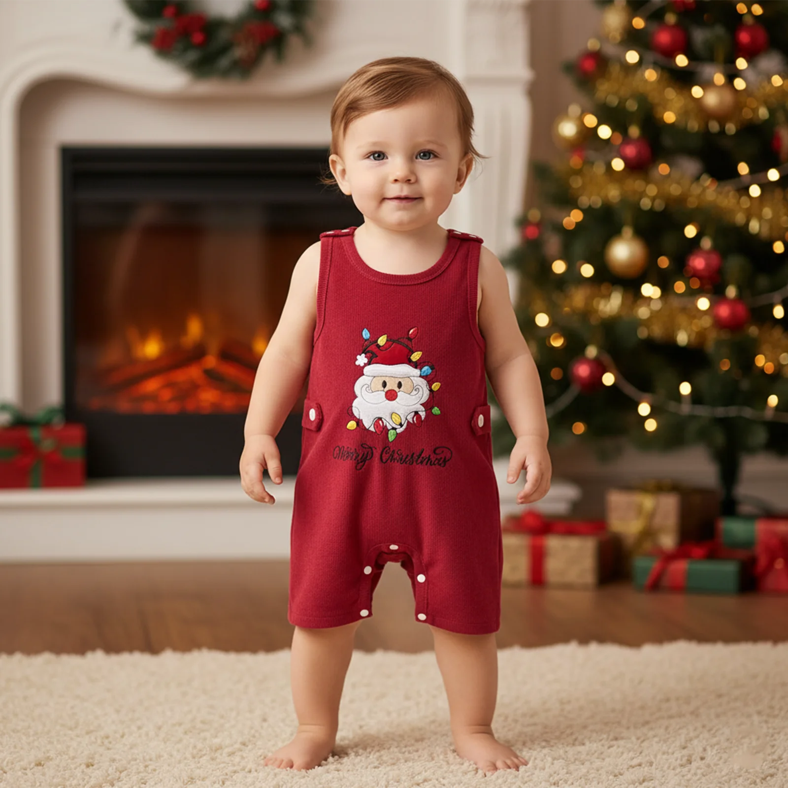 

Suefunskry детские рождественские комбинезоны, комбинезон без рукавов с круглым вырезом и вышивкой букв Санта-Клауса для маленьких мальчиков и девочек