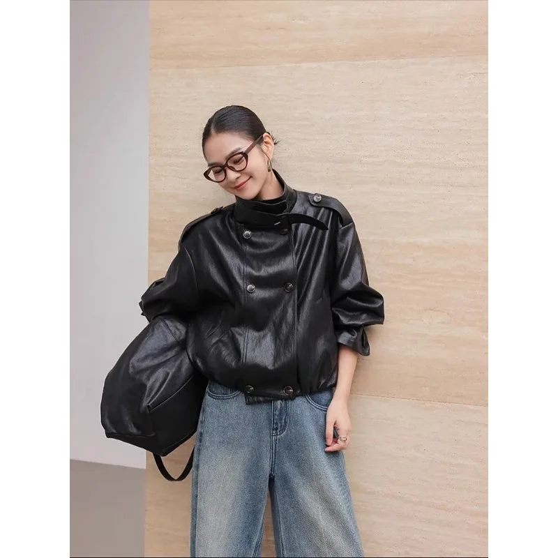 

Ретро-куртка из натуральной кожи для женщин: модная, с воротником-стойкой, длинными рукавами, двубортная, свободного кроя, для повседневной носки, в стиле Highstreet