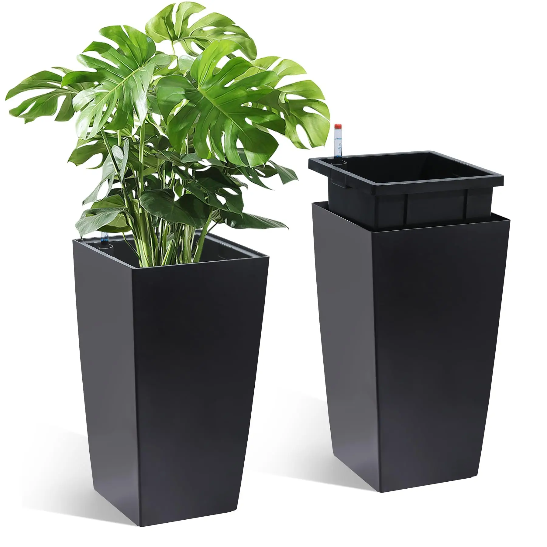 16 Inch Tall Planters Set of 2, Outdoor and Indoor Black Planter Pots with Drainage Holes, Water Level Monitor, Inner Bucket, and Automatic Watering System, Perfect for Front Porch and Garden