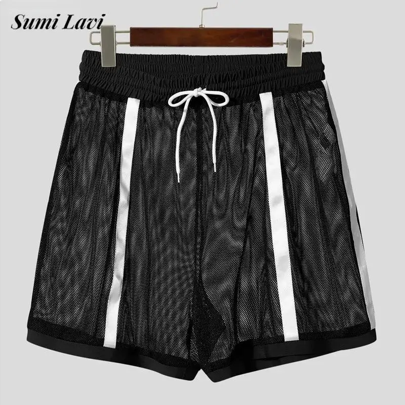 

Beach Casual Mens See Through Mesh Shorts Sexy Loose Straight Shorts Men 2026 Spring Summer Stylish Patchwork Drawstring Shorts