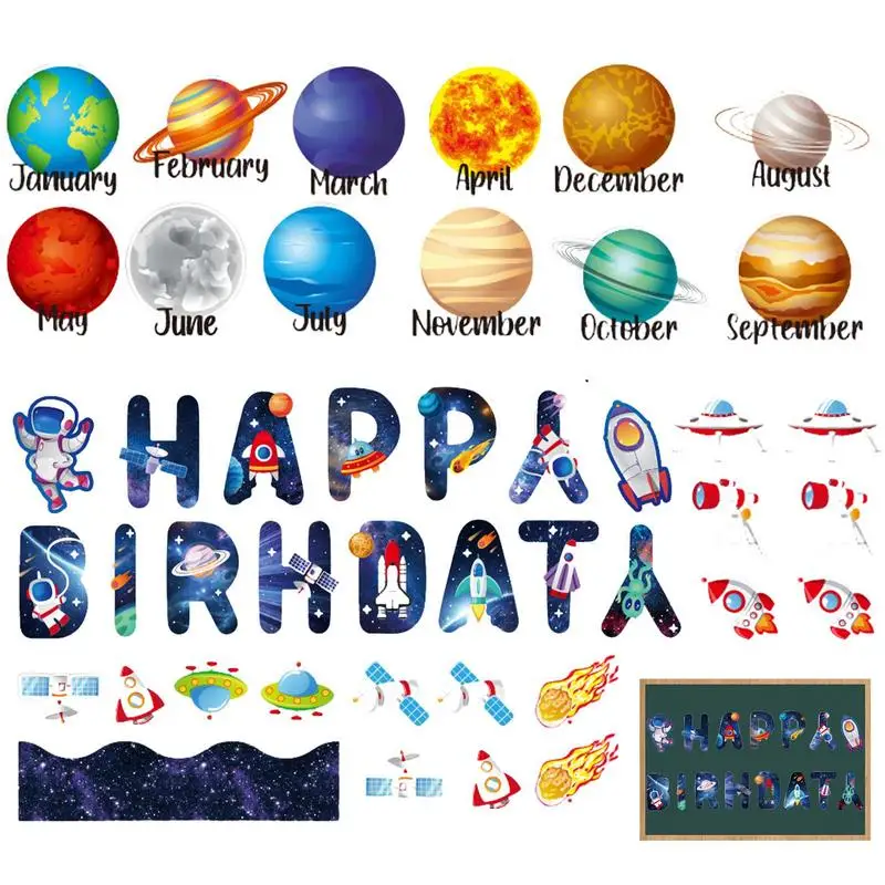 Solar System Birthday Bulletin Board Sets 63Pcs Outer Space Bulletin Board Borders Stickers Space Themed Classroom Wall Bulletin