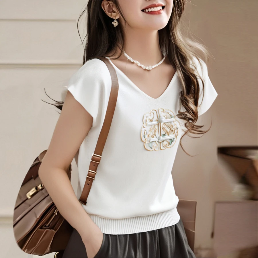 스웨터 브이넥 자수 니트 스웨터 여성 풀오버 패션 반팔 니트 스웨터 풀오버 여성 탑 니트웨어 Q2527