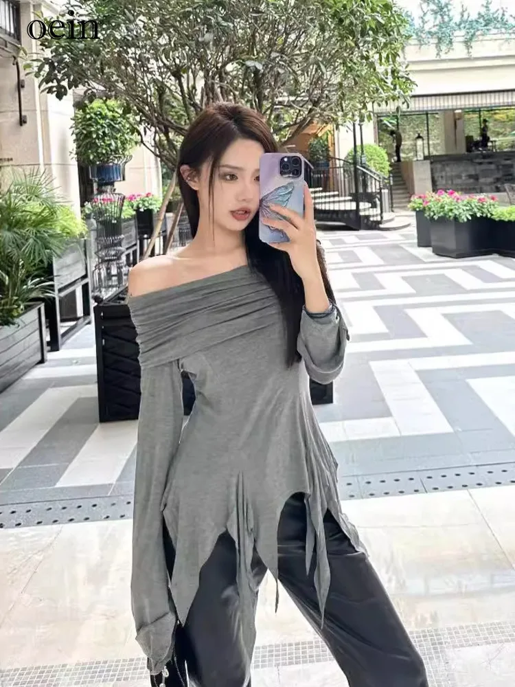 [oein] Tassel Slit Long Sleeved T-shirt Women Niche Design, Featuring A Straight Slanted Shoulder Punk Slim