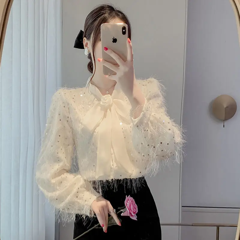 New Xiaoxiang Fengliu Su Liang Pian Lace Top Women's Long Sleeve Inner Bow Chiffon Shirt