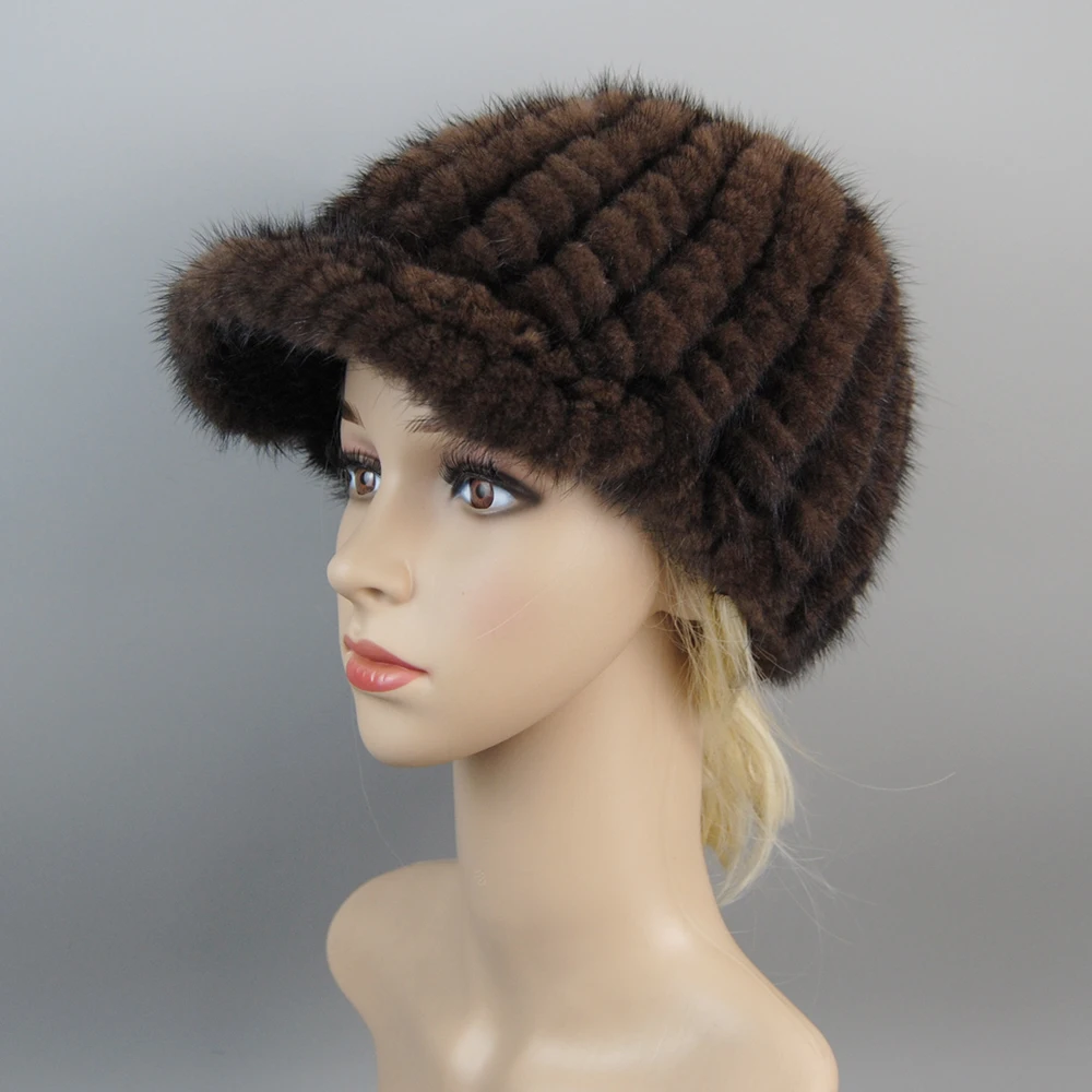 2024 Real Fur Cap Knitted Natural Mink Fur Cap For Women Winter Avoid Wind And Snow Good Quality Female Mink Peaked Cap Ear Warm