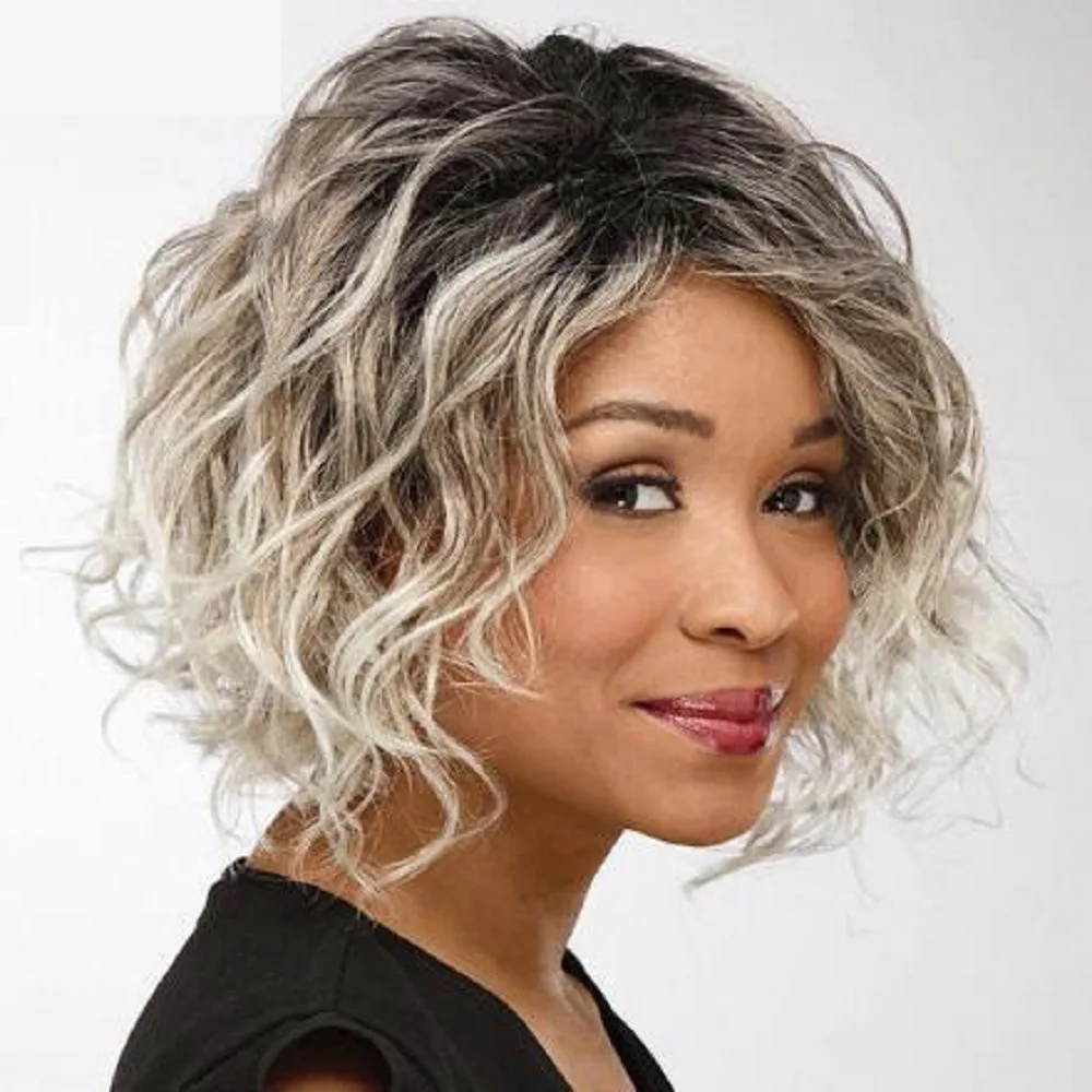 `Short Curly Wig for Women Ombre Heat Resistant Synthetic Fiber Water Wave Bob Wig with Root Gradation