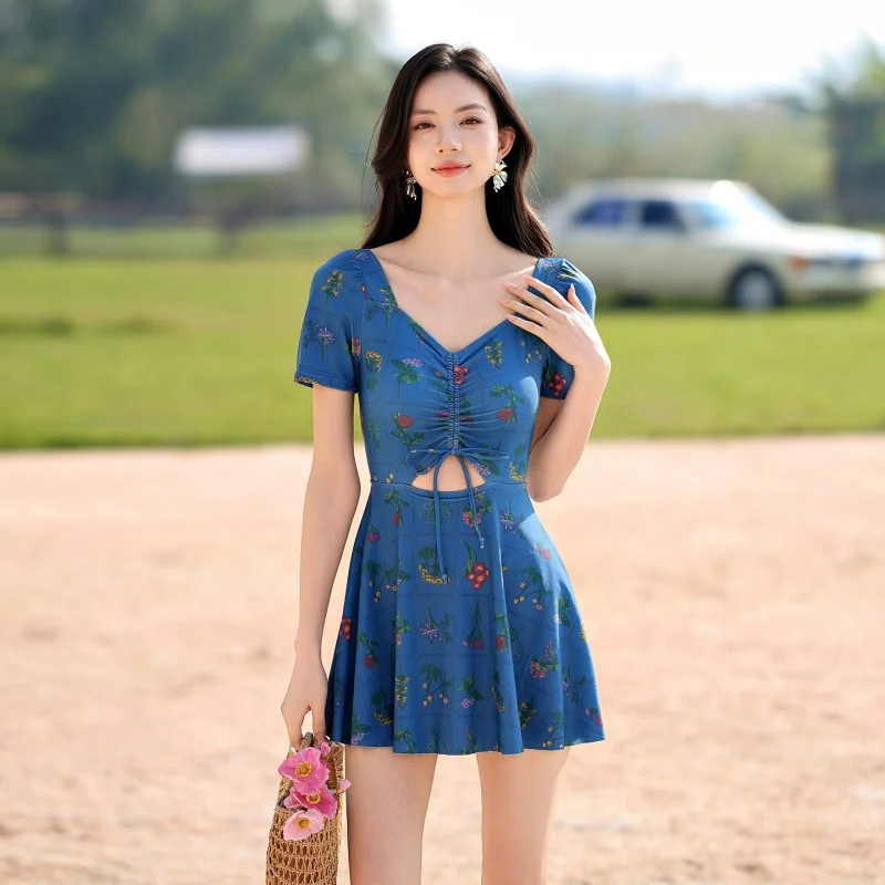 2026 Floral One Piece Swimsuit Women V Neck Ruched Skirted Bathing Suit Tummy Control Short Sleeve Hollow Out Swimwear Plus Size