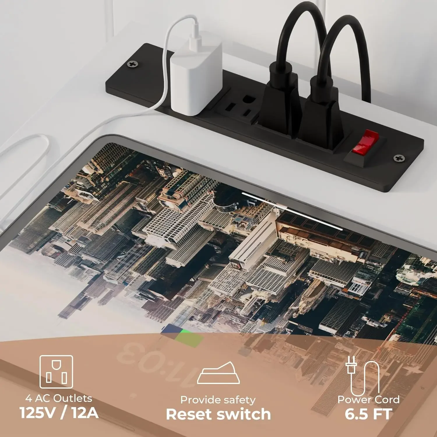 Dudukan TV Modern putih, lampu LED bergalur 67 "dengan stop kontak daya, pusat hiburan dengan pintu penyimpanan, Kabinet Media konsol TV