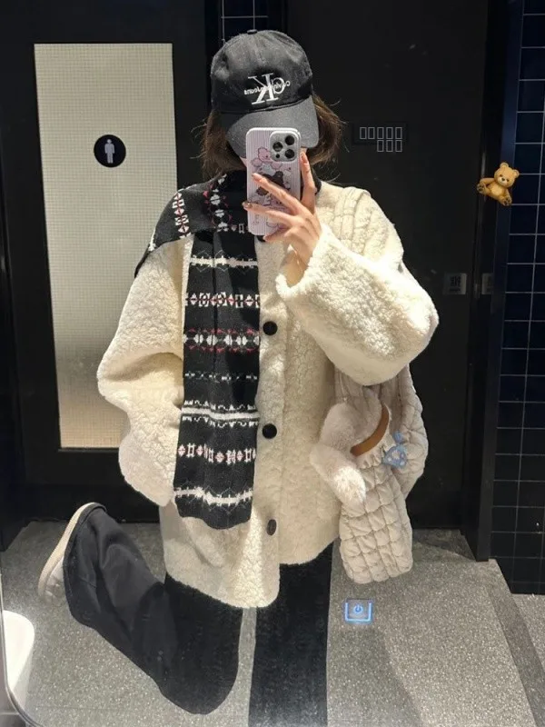 

Korean Sle Women's Lamb Fur Jaet 2026 New Spring Loose Casual Plu Coat Warm Thiened Long Sve round Ne Coat