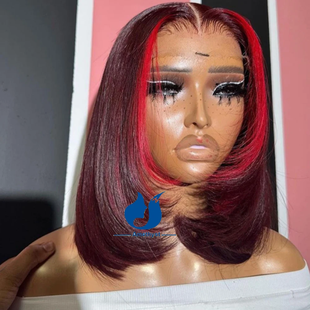 Skunk Stripe Bob Lace Front Wigs for Black Women 13X6 Deep Part Red Highlight Straight Human Hair Face Framing Layered Wig 99j B