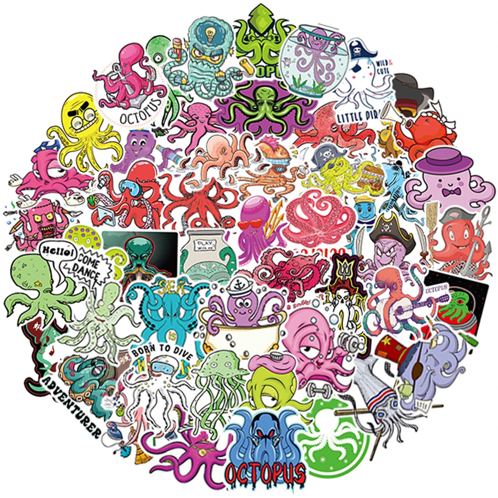 50 PCS Octopus Anime Stickers Toys for Children Ocean Animals Sticker to DIY Laptop Phone TV Fridge Bicycle Car Decal Kids Gifts