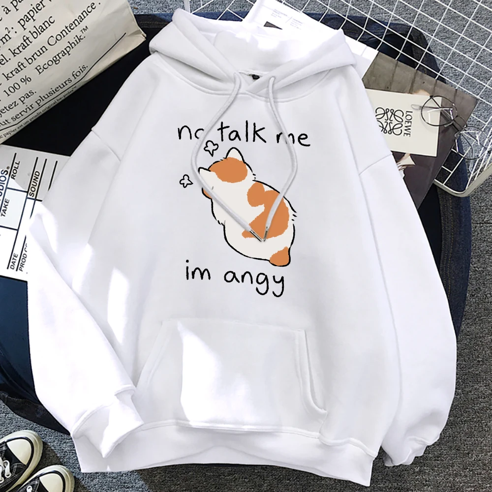 Cute Angry Cat Print Women Hoody Hip Hop Soft Sweatshirt Casual Fleece Sweatshirt Oversize Fleece Women Streetwear No Talk Me