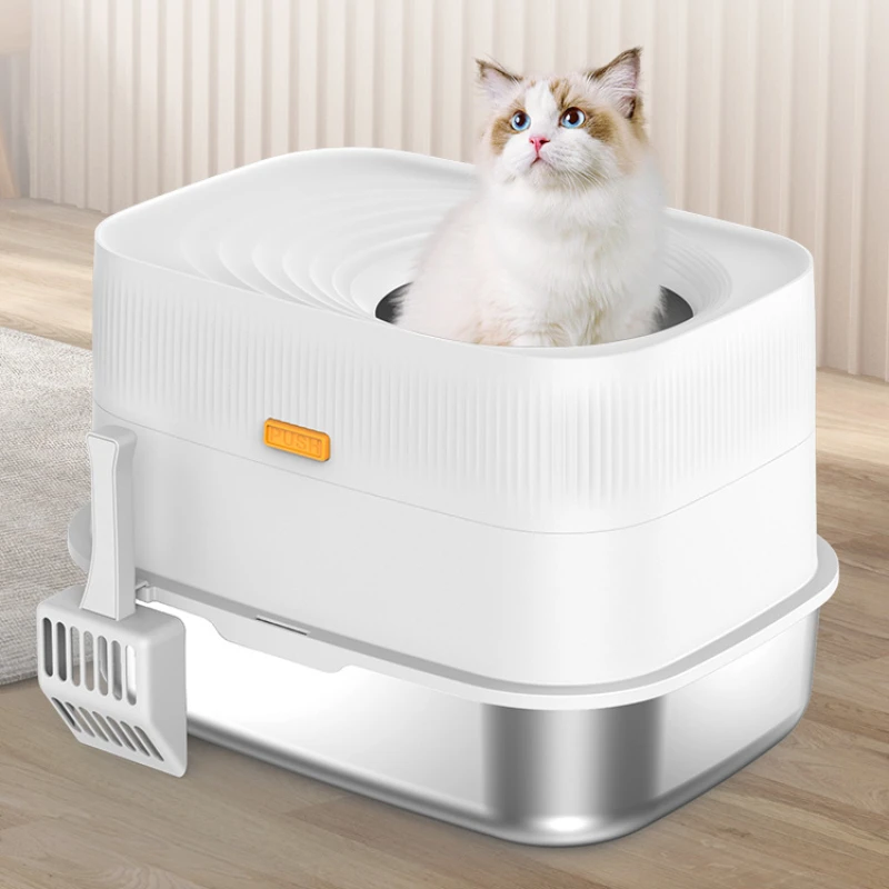 Stainless Steel Large Fully Enclosed Cat Litter Box Top Entry Easy Clean Pet Product Supplies Non-Sticky Cat Bedpans Accessories