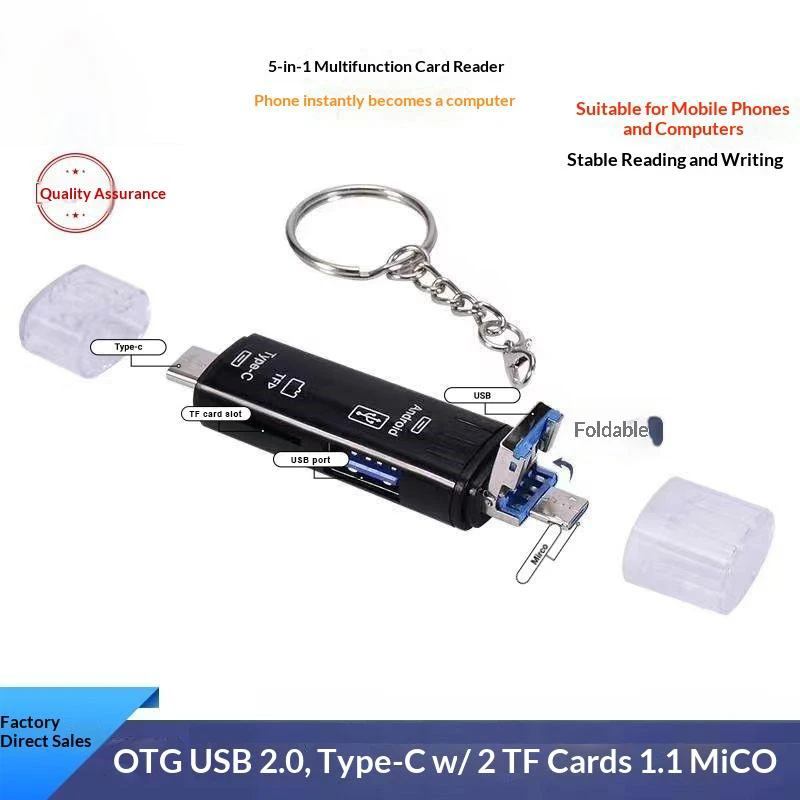 5 In 1 Multifunctional OTG Card Reader With Keychain Type C USB Micro TF Slots Stable Read Write For Phones Laptops