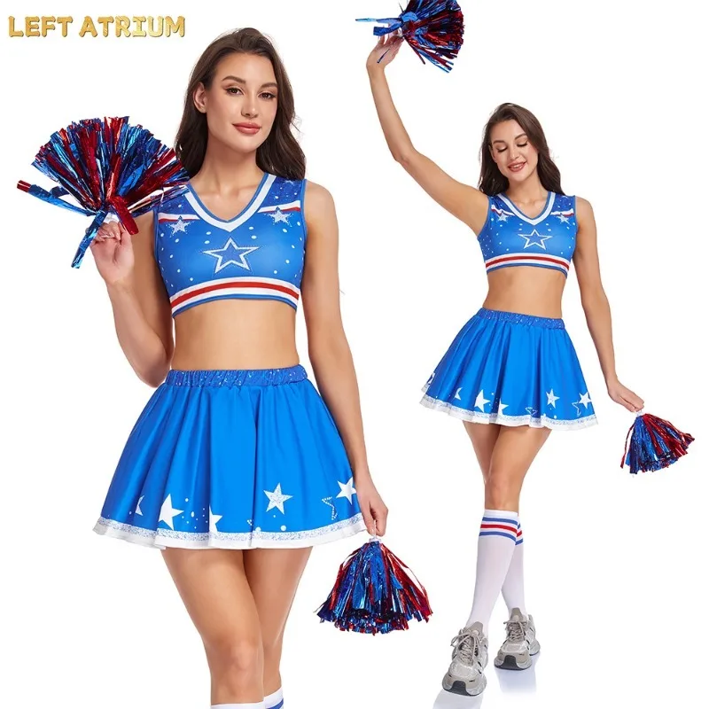 Women Girls Youth Cheering Team Uniform Blue White Star Costume Cheerball Set Sports Competition Theme Party Outfit view 4