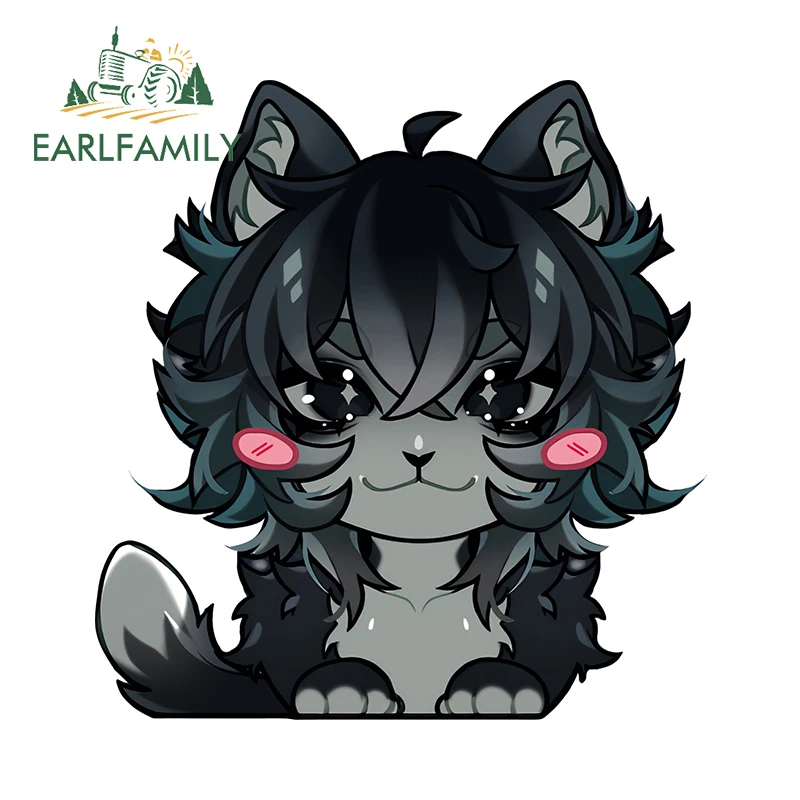 EARLFAMILY 13cm x 12.3cm Black Cat Eat Fishing Car Accessories Chibi Furry Peek Eyes Kawaii Car Stickers Waterproof Decals