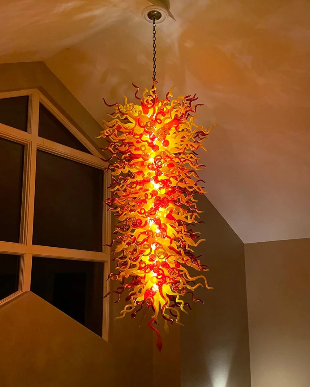 Luxury Large Chihuly Style Hand Blown Glass Chandelier Fire Red Yellow Pendant Light Fixture for Staircase Villa Lobby