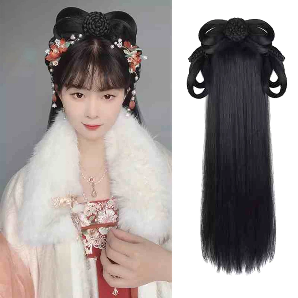 Synthetic Hanfu Ancient Style Headband Braid Integrated headband Wig Women Chinese Style Hair Piece Antique Modelling Cosplay