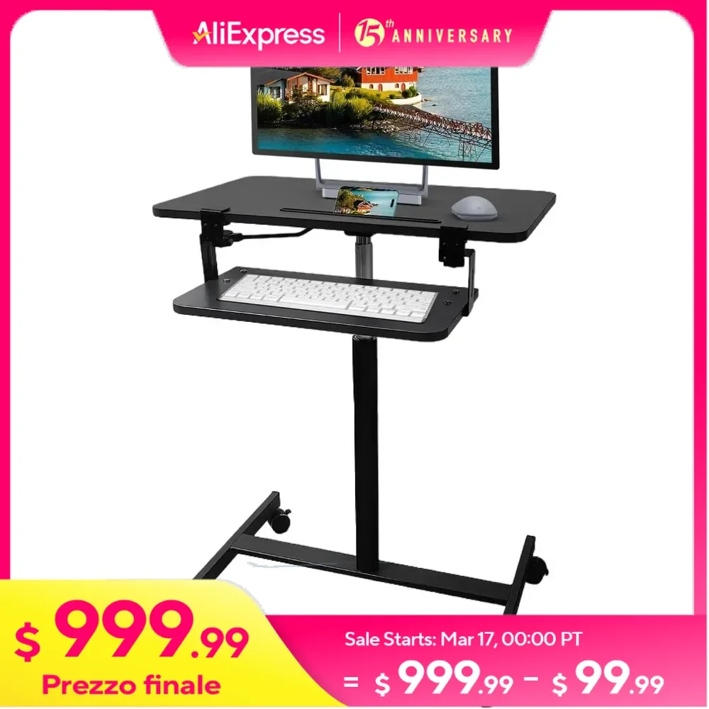 Mobile Standing Desk,Pneumatic Rolling Desk Adjustable Height,Laptop Cart on Wheels with Keyboard Tray&Monitor Stand Riser