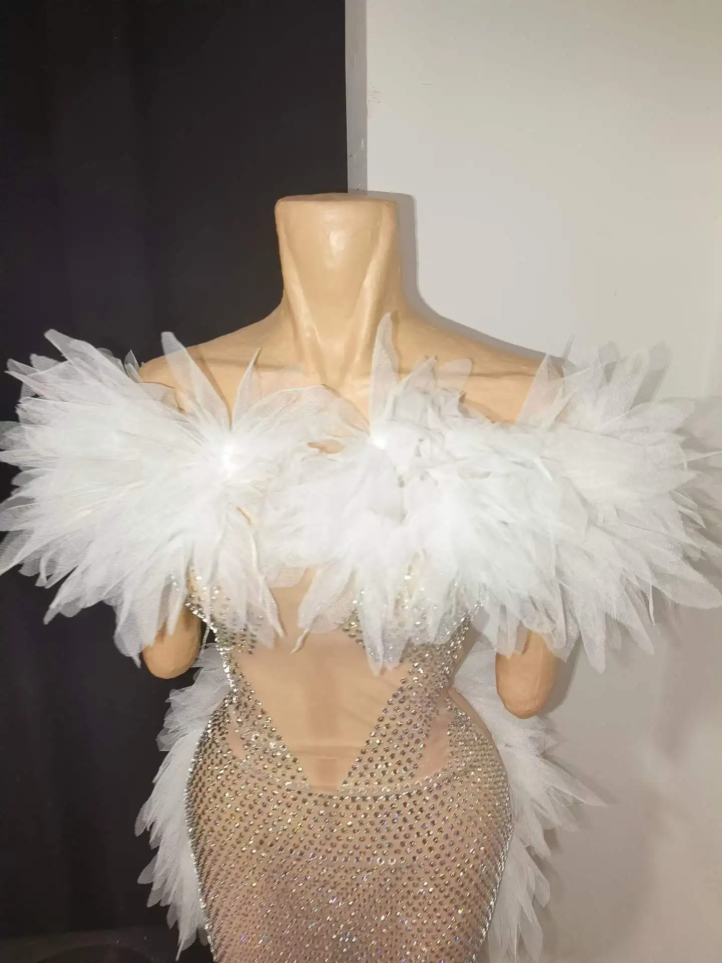 nightclub bar female singer yarn making feather breast dress shuimian short skirt mesh perspective