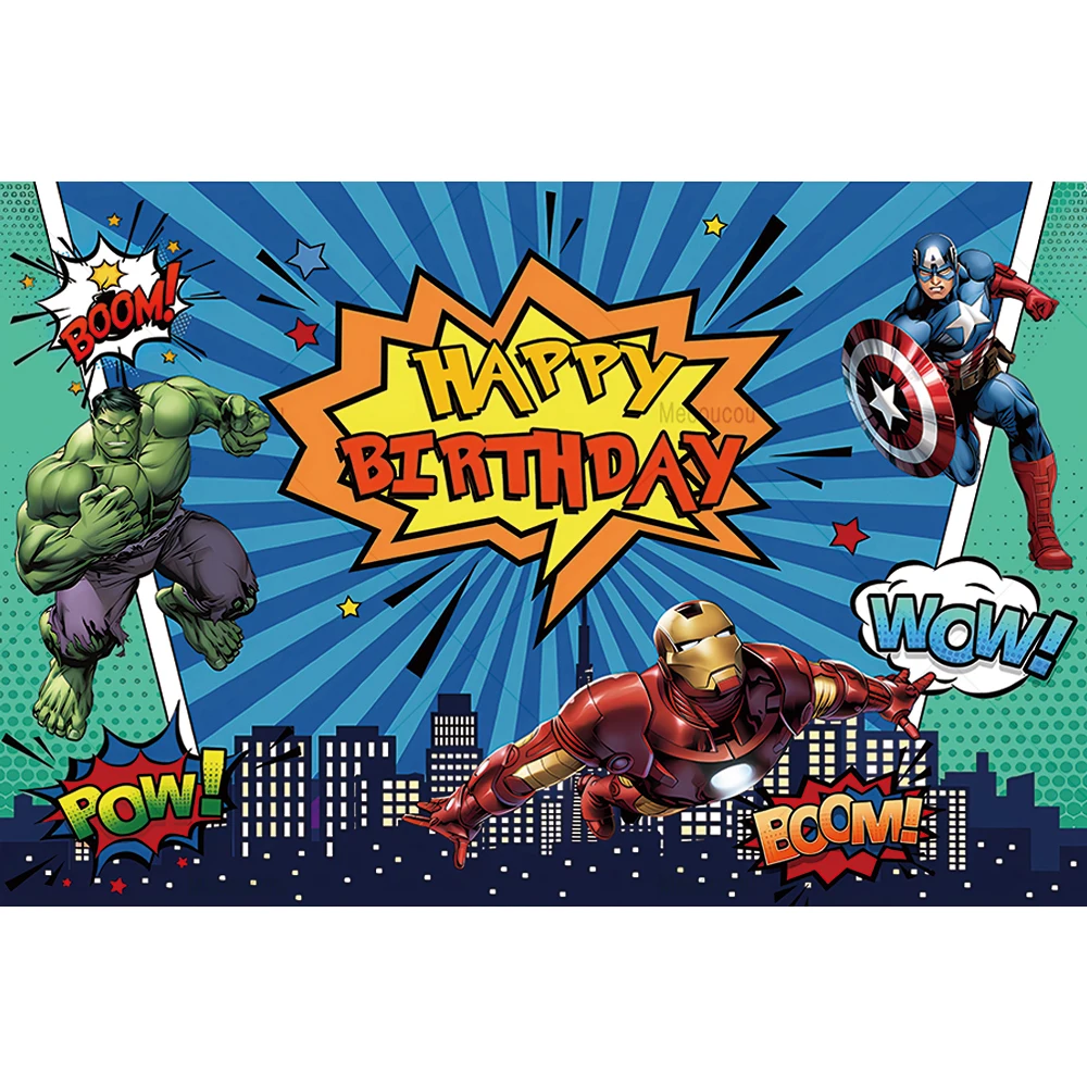 Avengers Theme Backdrop Name Custom Happy Birthday City Hero Photography Background Poster Spider-Man Captain America Iron Man