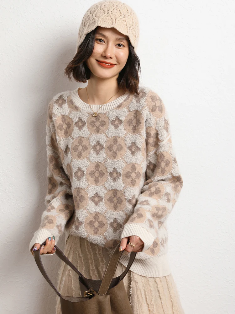 جديد إمرأة 100% سترة الكشمير المعنقة الجاكار منشفة التطريز س الرقبة البلوز الصناعة الثقيلة التطريز الخريف الشتاء فضفاض سميكة القمم