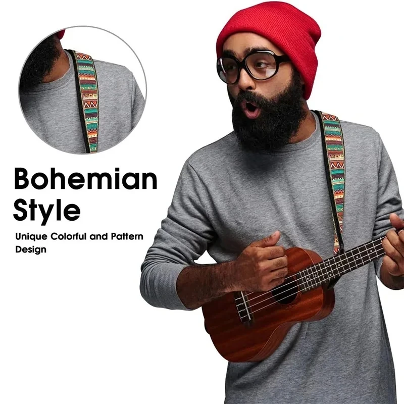 Miwayer Adjustable Printing National Style Ukulele Strap, Guitar Belt Shoulder Straps with Soft PU Leather Head for Guitar
